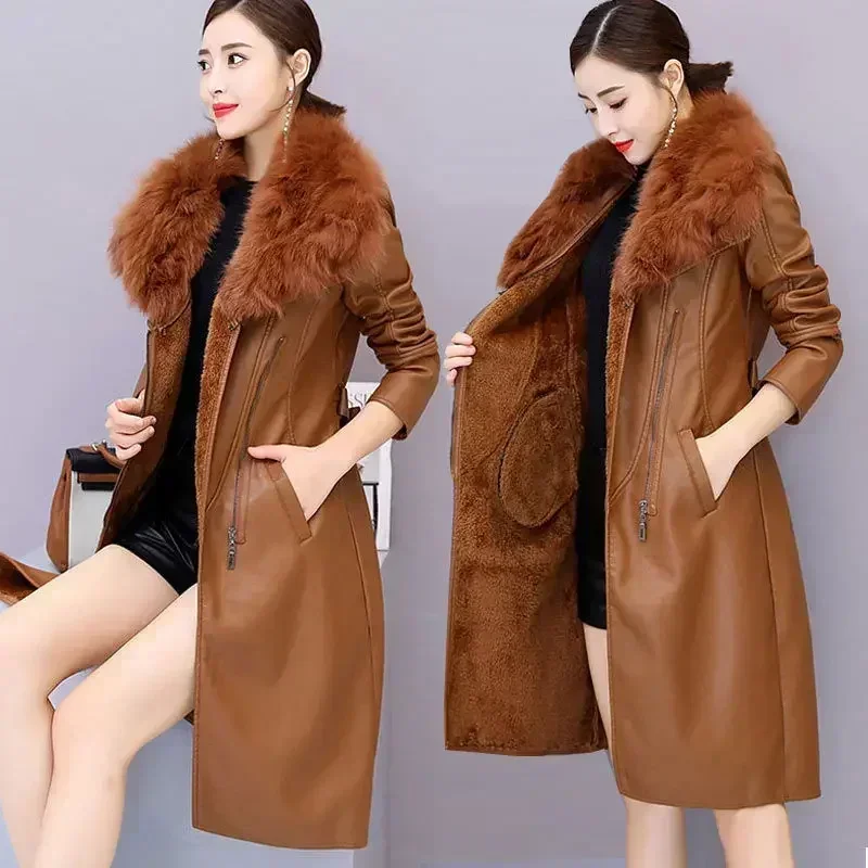 WTEMPO Large Fur Collar Winter Leather Jacket Women Plush Thickened Mid Length Korean Slimming Waist Closing Leather Jacket