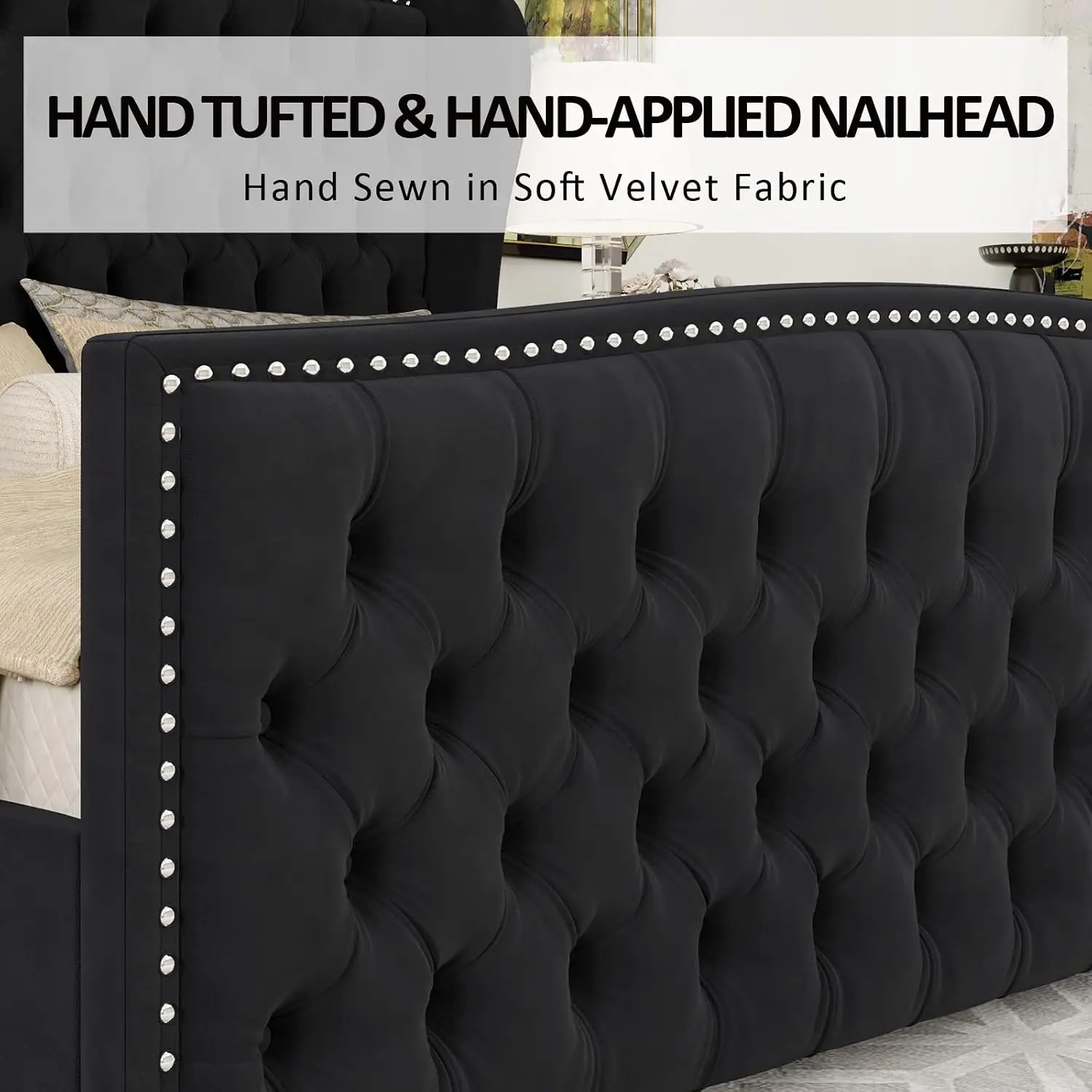 Velvet Wingback Upholstered Queen Bed Frame Platform with Wood Slats Support, Customized image 5