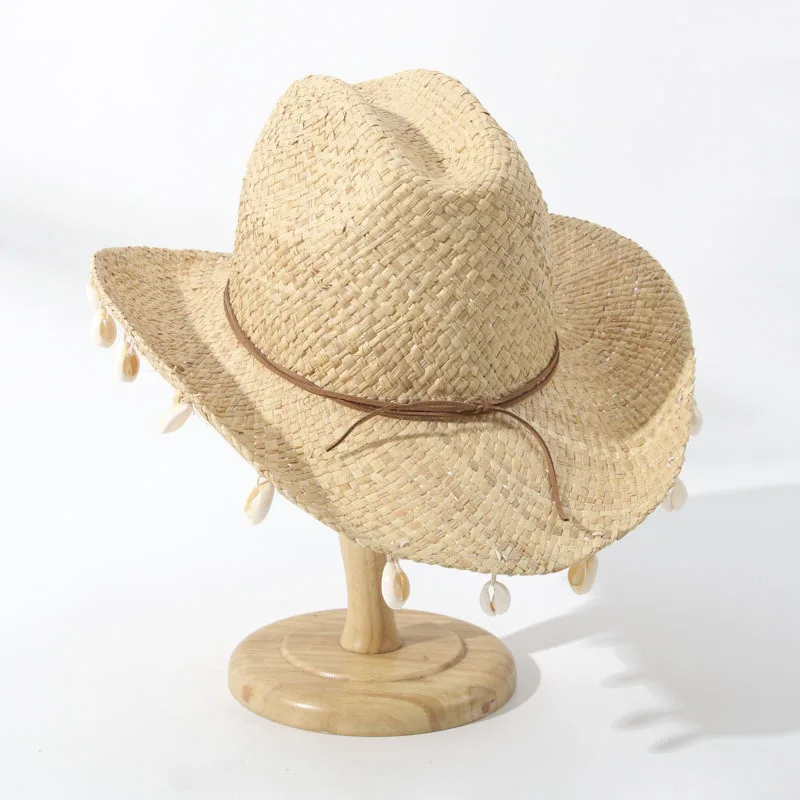 Shell Decor Beach Hat, Summer Seaside Hand Woven Rafia Sun Straw Cap, Western Cowboy Ridge Hat
