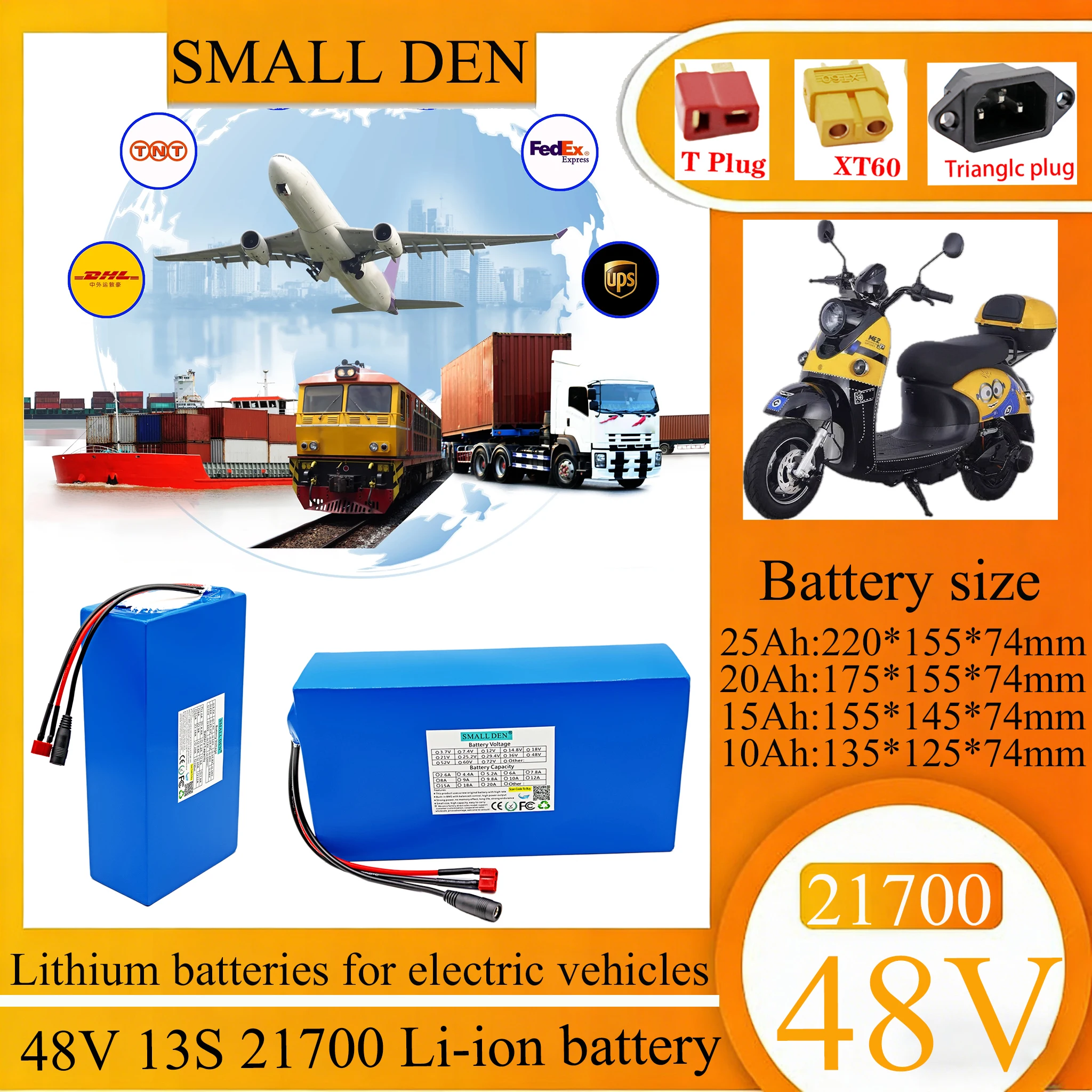 48V 10Ah 15Ah 20Ah 25Ah  21700 Lithium battery pack 1000 cycles 1500W High power With 30A BMS For E-tools Electric scooter