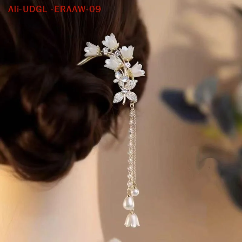 1pc chinês hanfu acessórios de cabelo borla longa vintage lírio vale em forma de u grampos de cabelo flor artesanal varas de cabelo para mulher