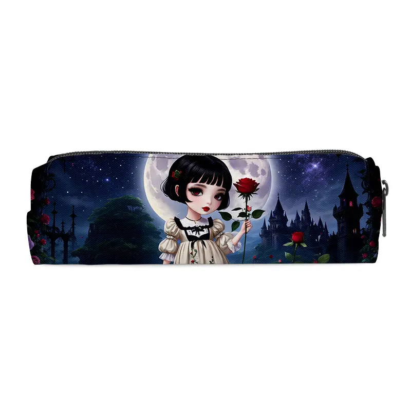 Gothic Skull Girl Graphic Print Pencil Bag Large Capacity Stationery Bag Dark Fantasy Art Pencil Box for Office School Supplies