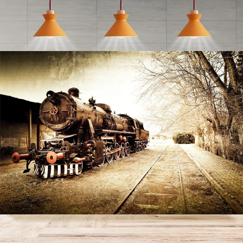 Old Locomotive Photography Background Steam Abandoned Train Railway Station Heavy Metal Wild ParkHome Party Backdrop Wall Banner