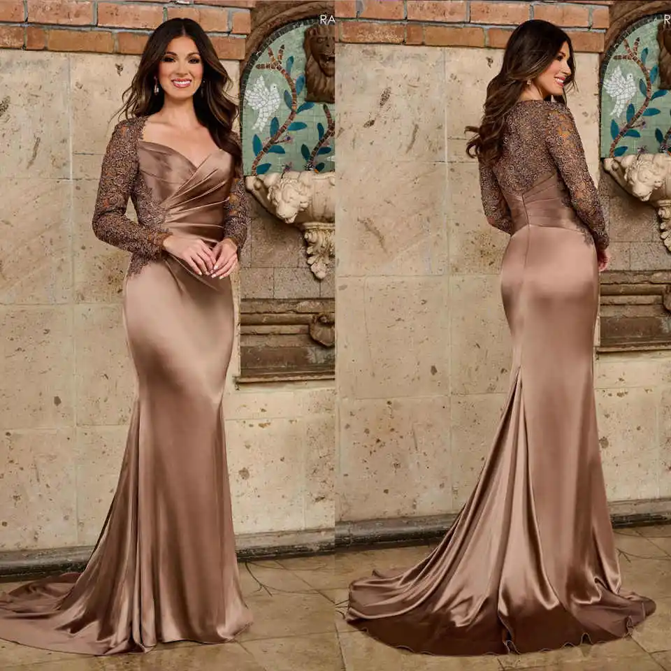 

Gorgeous Lace Appliques Mermaid Prom Gowns Long Sleeve Satin Sweep Train Formal Occasion Mother Of The Dresses Customized