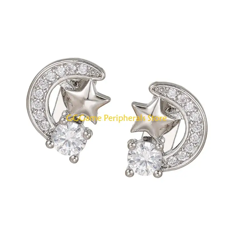 U55B Crystal Embedded Zircons Studded Moon Star Earphone Charms Effortless On Mechanism for Freeclip1/2