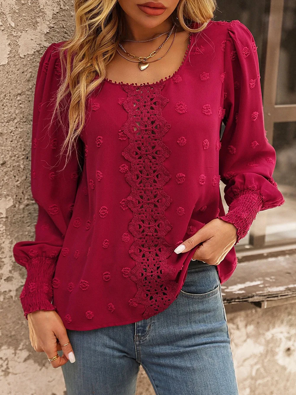 Spring Autumn Fashion New Solid Round Neck Shirt Women Loose Casual Puff Sleeve Hollow Lace Top Office Lady Elegant Full T-Shirt