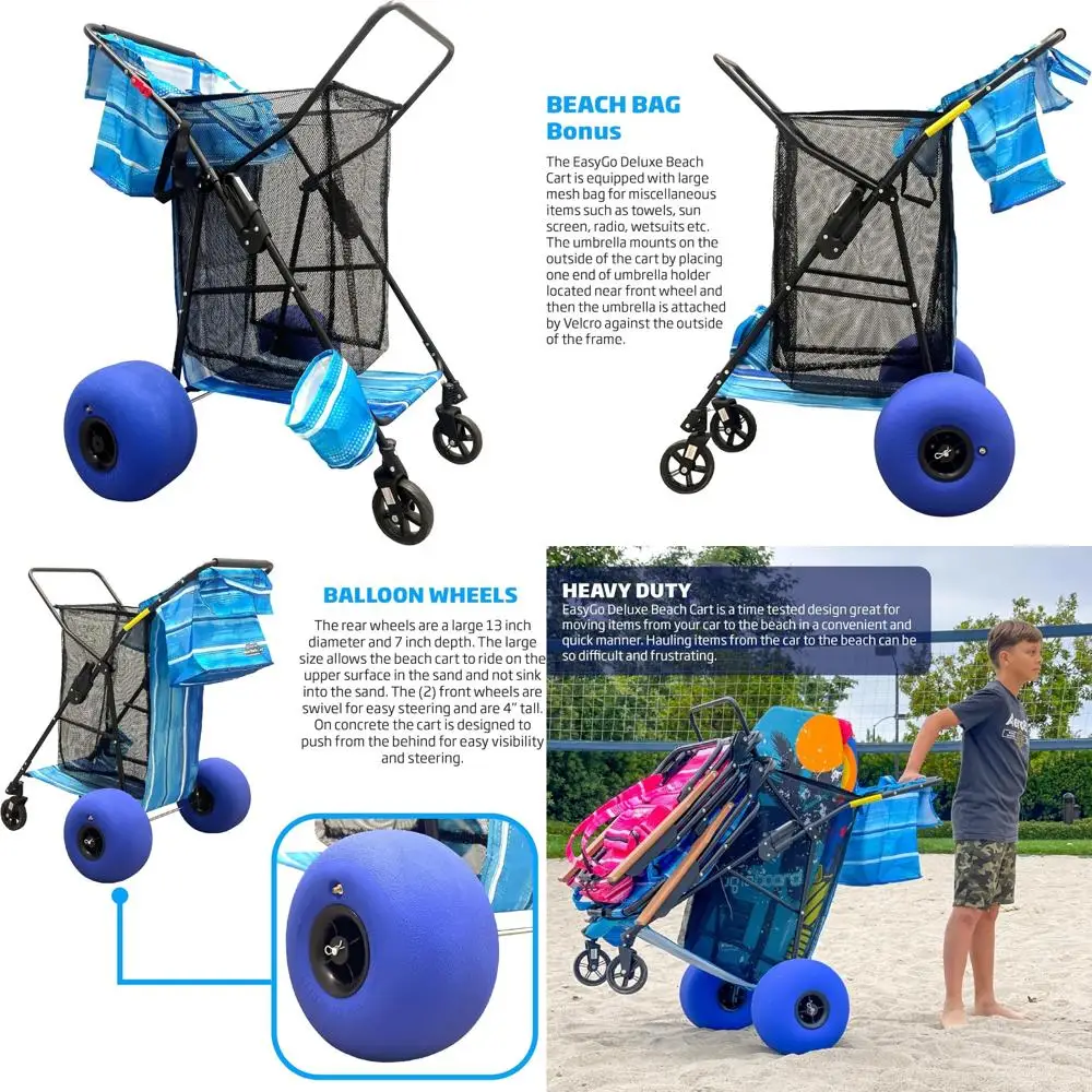 Heavy-Duty Folding Beach Cart with Sand Wheels, Holds 4 Chairs, Umbrella Holder, Ocean Utility, 13 x 7 Deluxe Beach Equipment