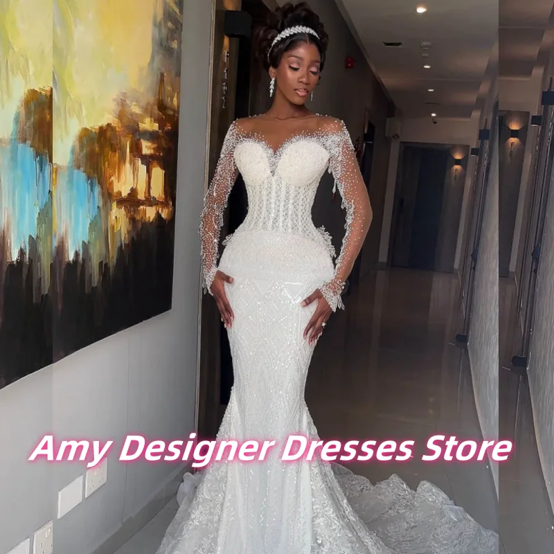 

Vintage Lace Peal Long Mermaid Wedding Dresses For Black Girls Long See Through Sleeves Bride Gowns Vestidos De Novia Customized