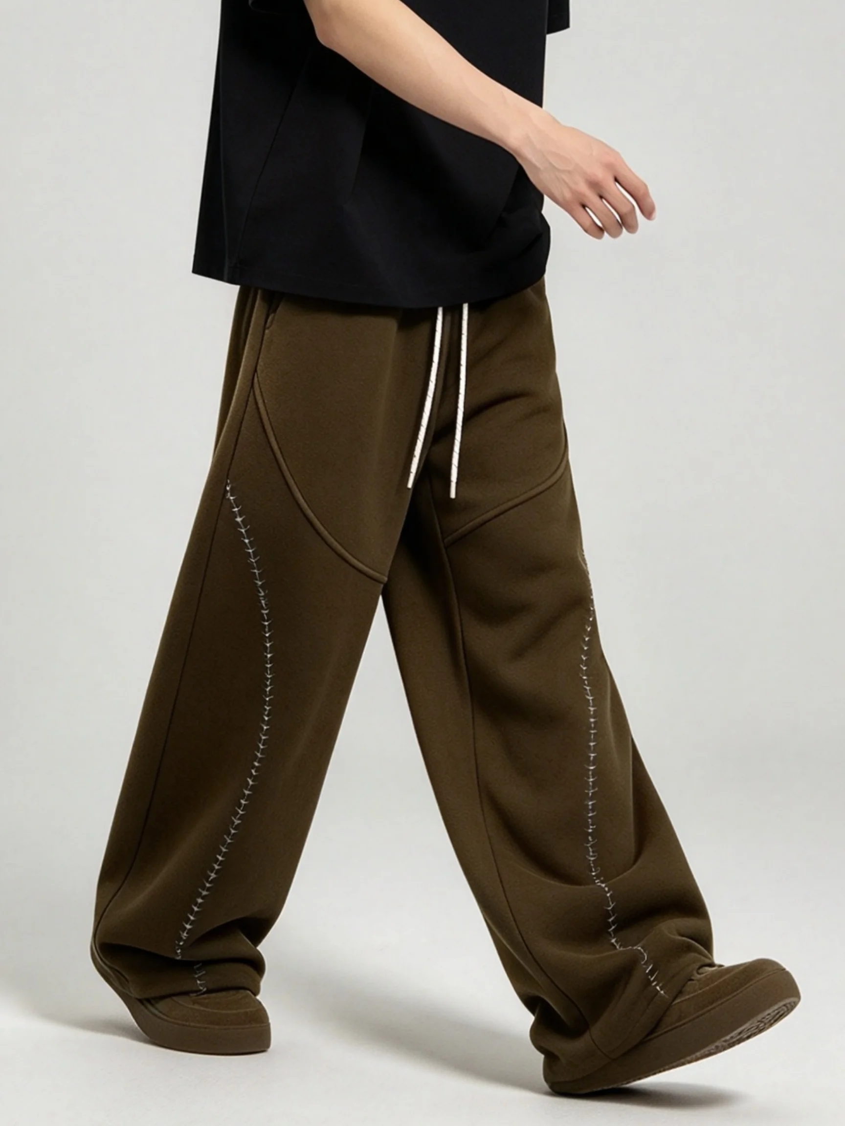 Men's Vintage Wide Leg Sweatpants Contrast Stitch Curved Panel Streetwear Loose Drawstring Waist Casual Trousers