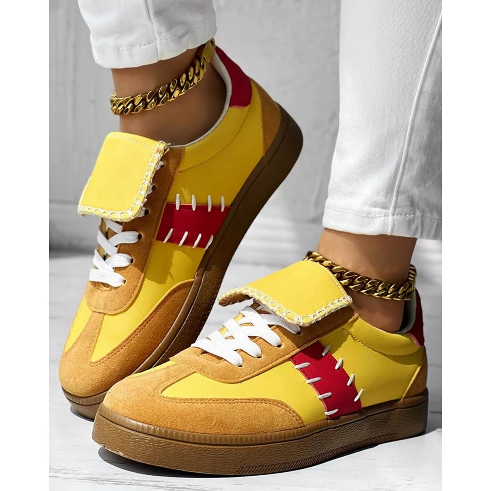 Women Colorblock Patch Design Round Toe Lace-up Casual Flats Sneakers Spring Autumn Fashion Casual Sports Shoes Korean Style