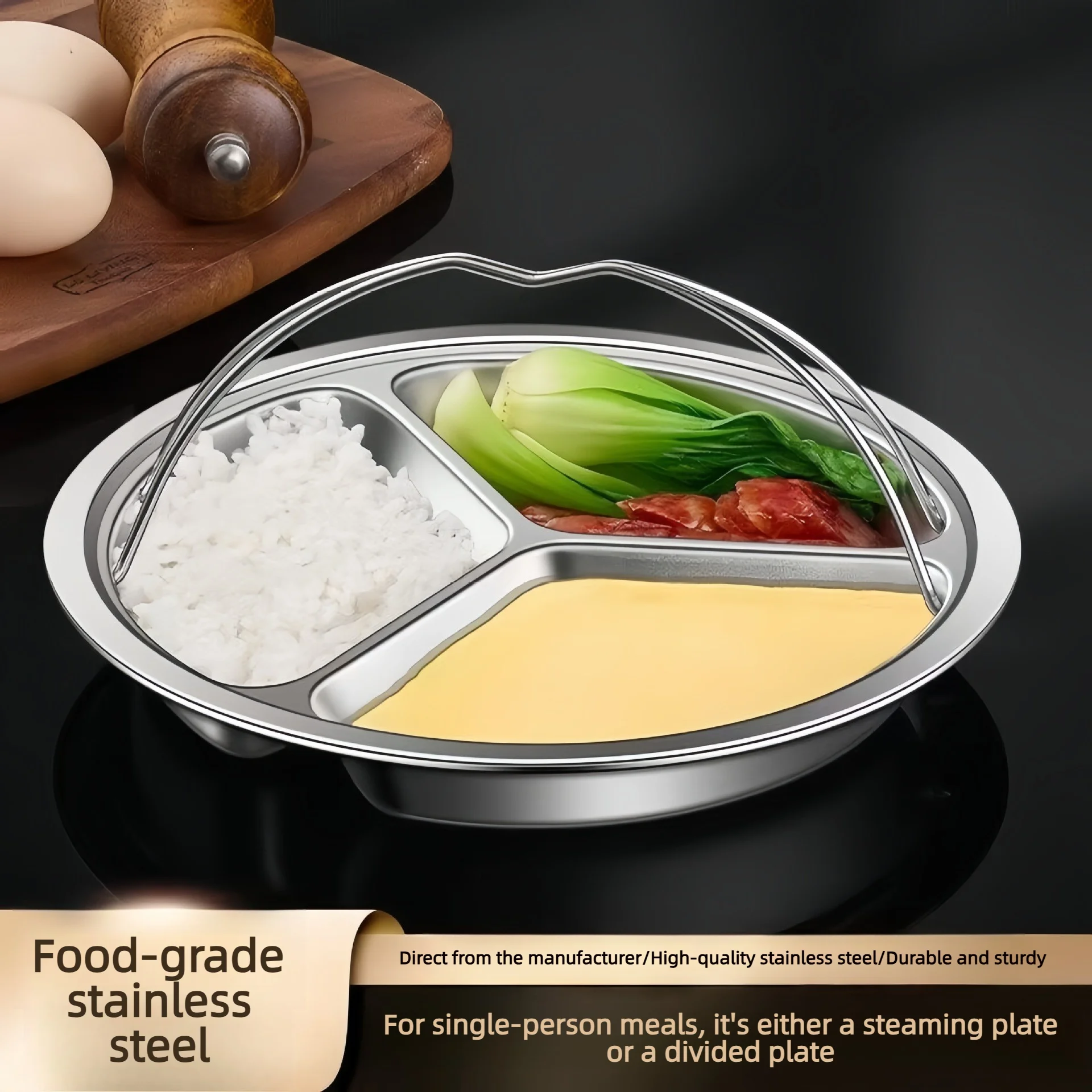 304 Stainless Steel Divided Round Plate 3 Compartment Food Tray Kids Children Dinner Plate For School Kindergarten