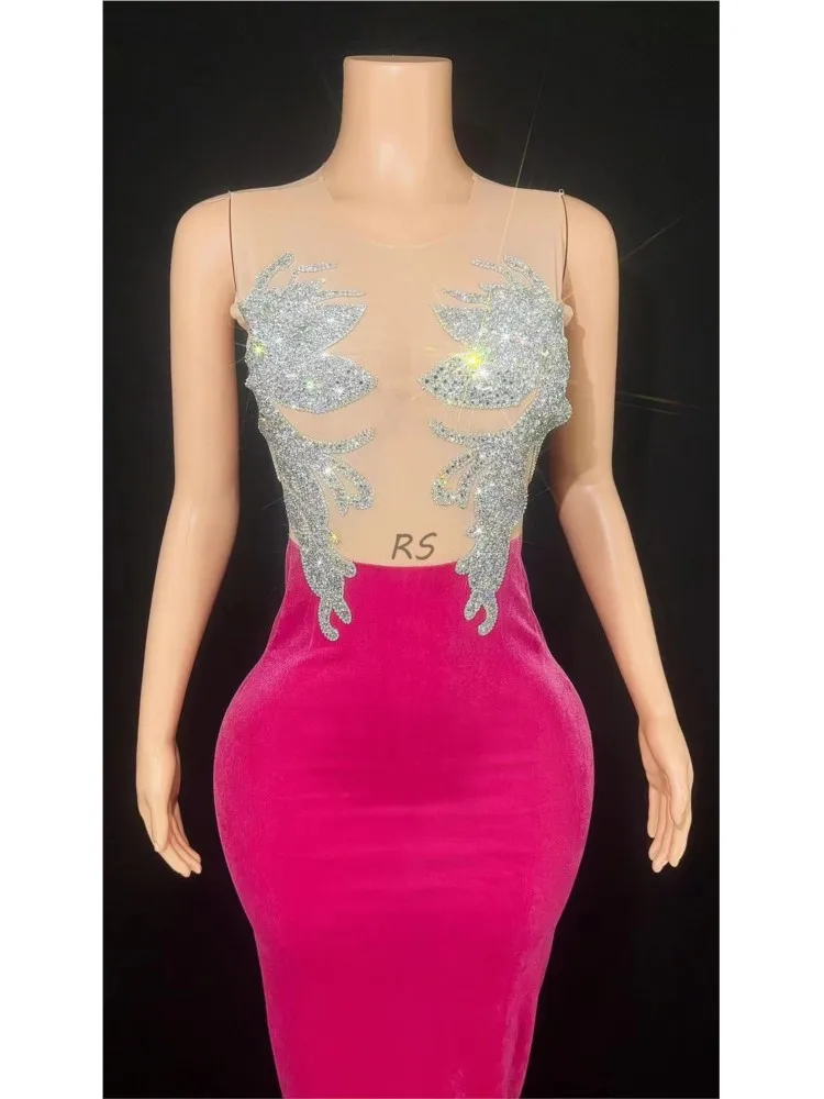 Women Pink Velvet Sexy See Through Shiny Diamonds Evening Dress