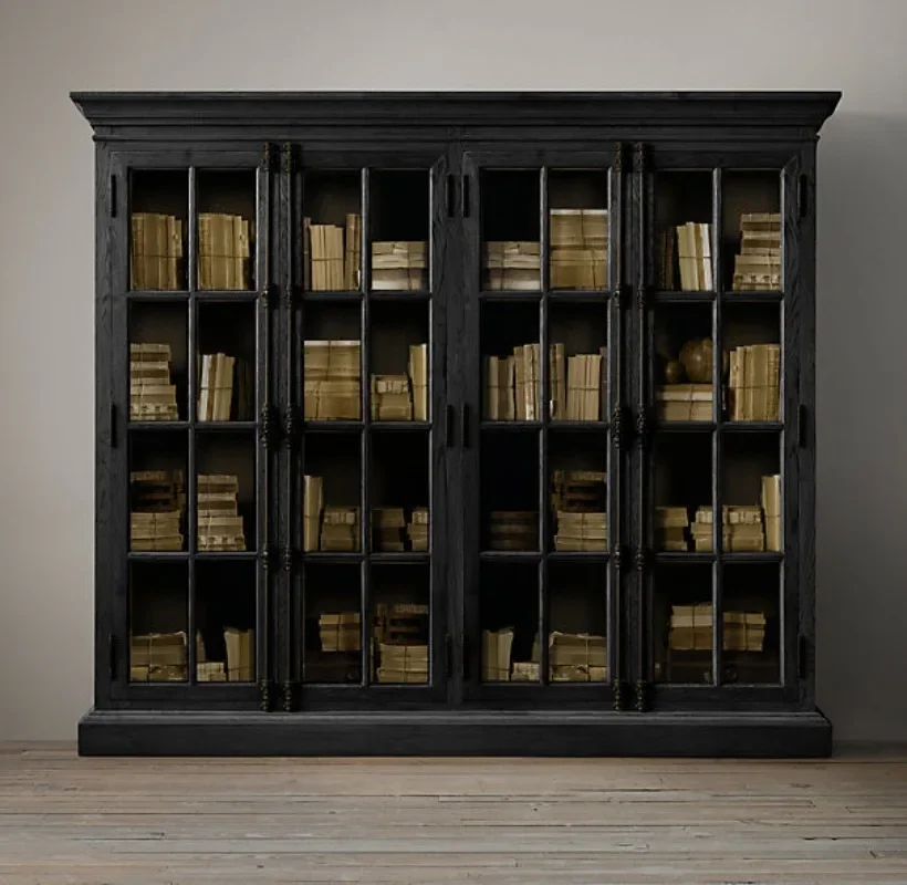 American country glass door bookcase wine cabinet French retro solid wood living room locker study file collection bookshelf