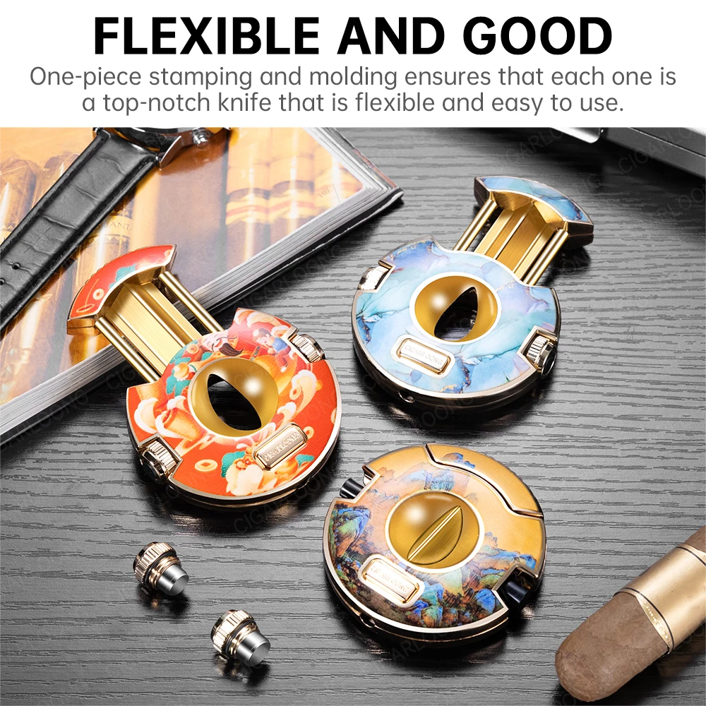 Cigar Cutter Smooth Stainless Steel,Circular V-Shaped Scissor,Portable Colorful Pattern Multifunctional Sharp Clipper, Gift Box