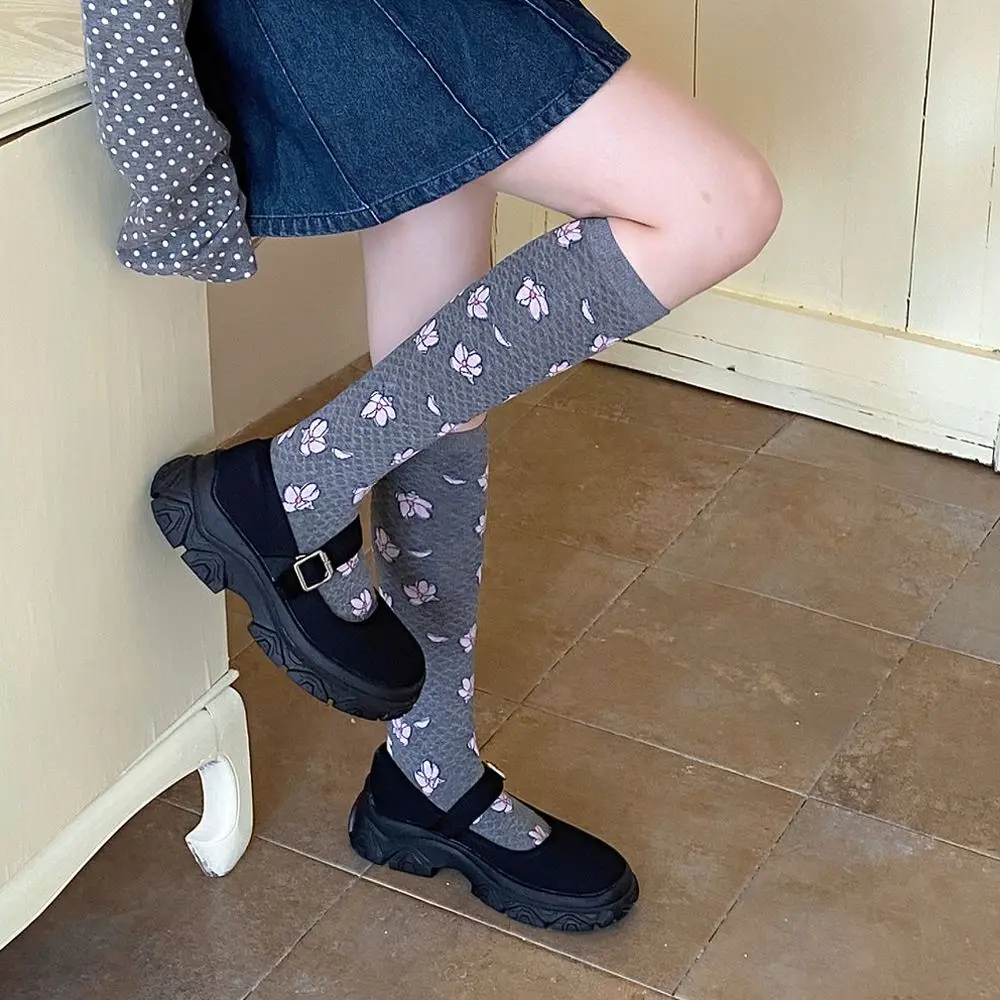 Cute Cotton Knee Socks Women Hyacinth Pattern Hosiery Japanese College Style Mid Calf Casual Breathable School Uniform Socks