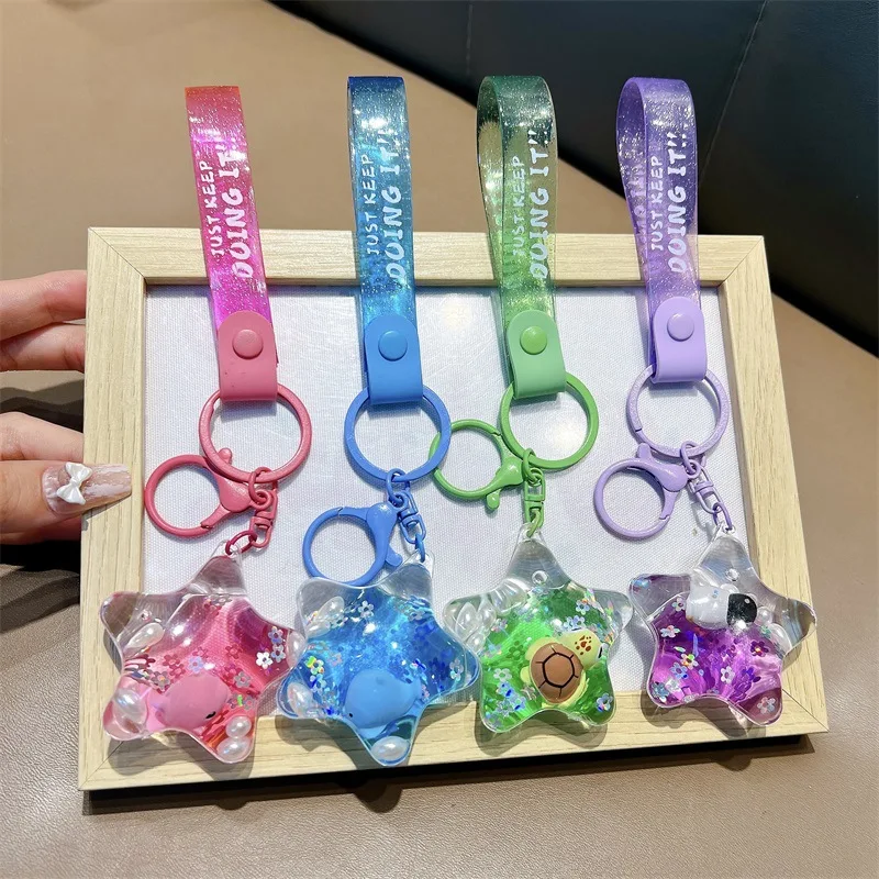 4PCS Cartoon Quick Sand Star Keychain Floating Liquid Car Key Pendants Trendy Star Key Rings for Kids And Adults