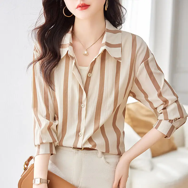 Commute Korean Striped Shirt Women\'s Clothing Casual Loose Single-breasted 2024 Spring Summer Fashion Polo-Neck All-match Blouse