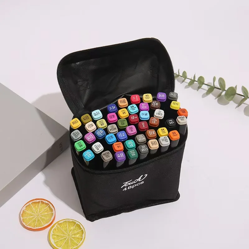 48Colors Alcohol Based Marker Pen Set Dual Tip Double Head Black Barrel Drawing Painting for Kids School Art Supplies