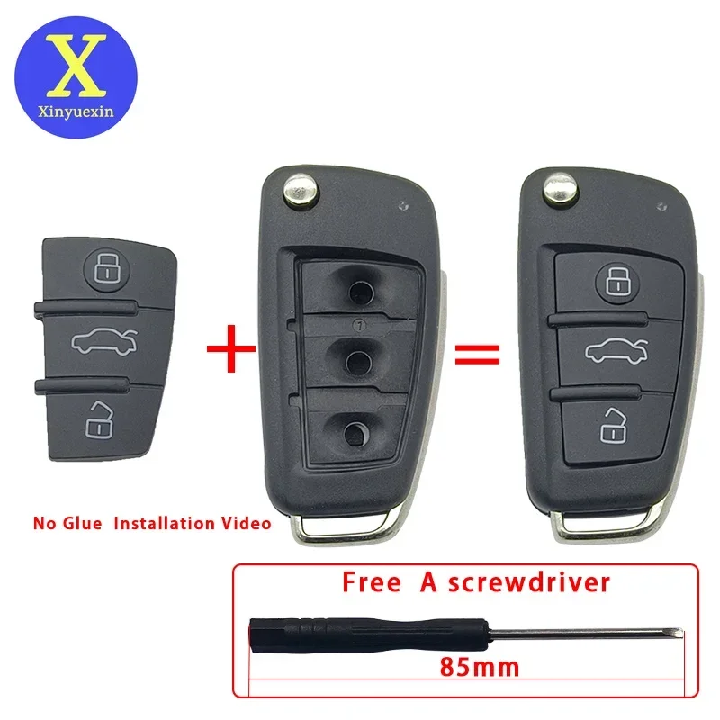 Xinyuexin Rubber Key Fob Pad for Audi A3 A4 A6L A8 Q3 Q5L Q7L 3Button Folding Flip Remote Key Replacement 3 Button Car Accessory