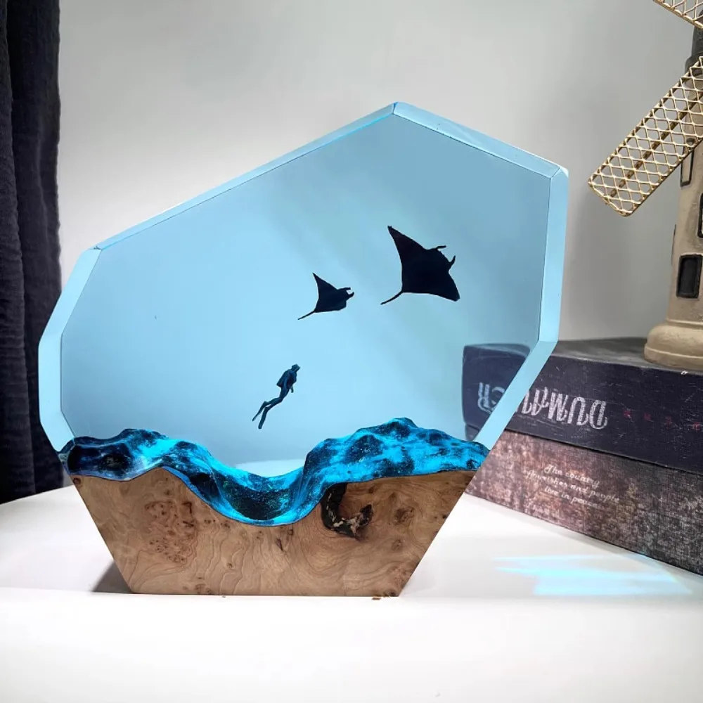 Resin Ocean Light Diver Blue Whale Demon Fish Tabletop Ornament Creative Craft Birthday Gift Home Decoration
