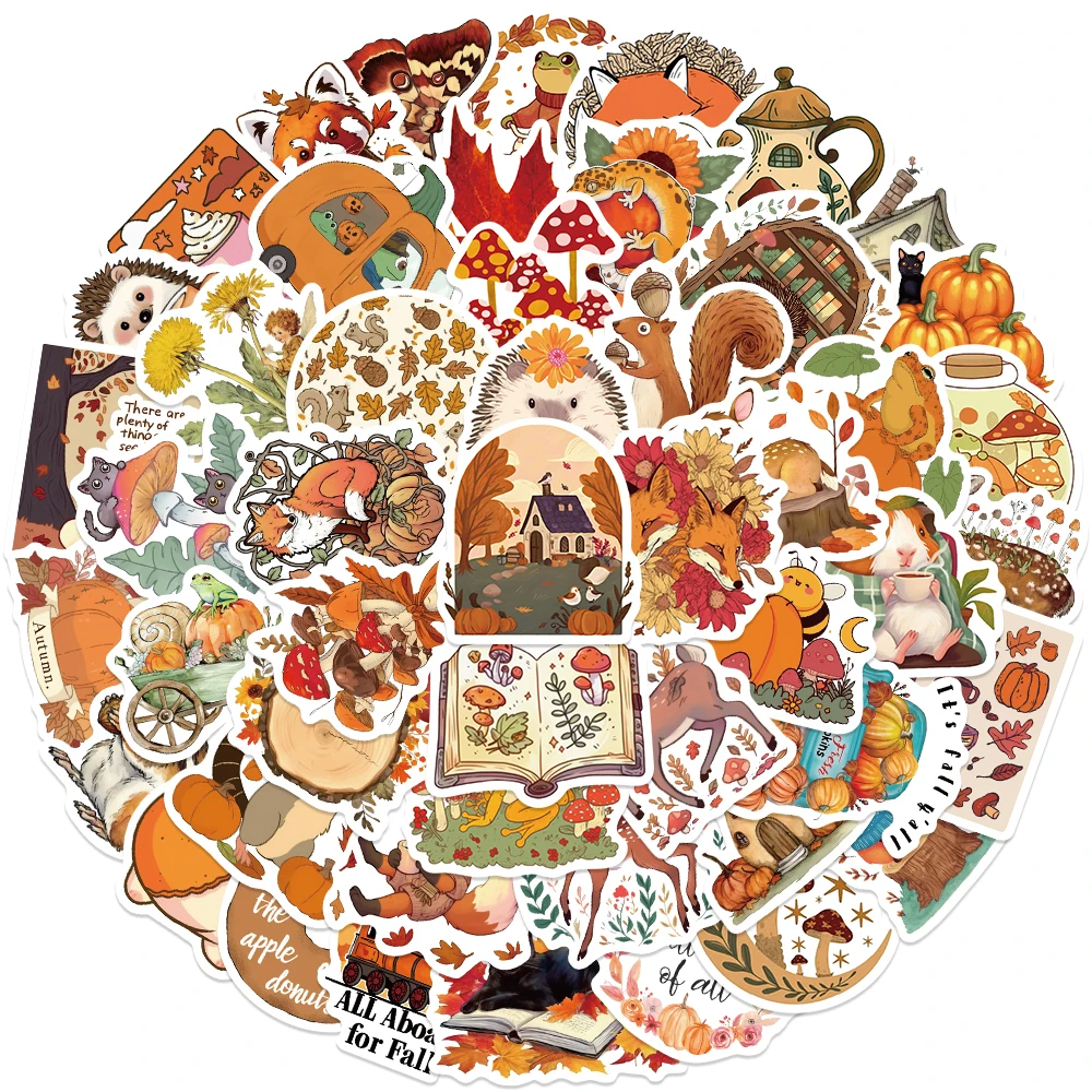 50pcs Romantic Autumn Sticker Cartoon Maple Leaf Animals Decal DIY Notebook Journal Laptop Suitcase Fridge Decorative Stickers