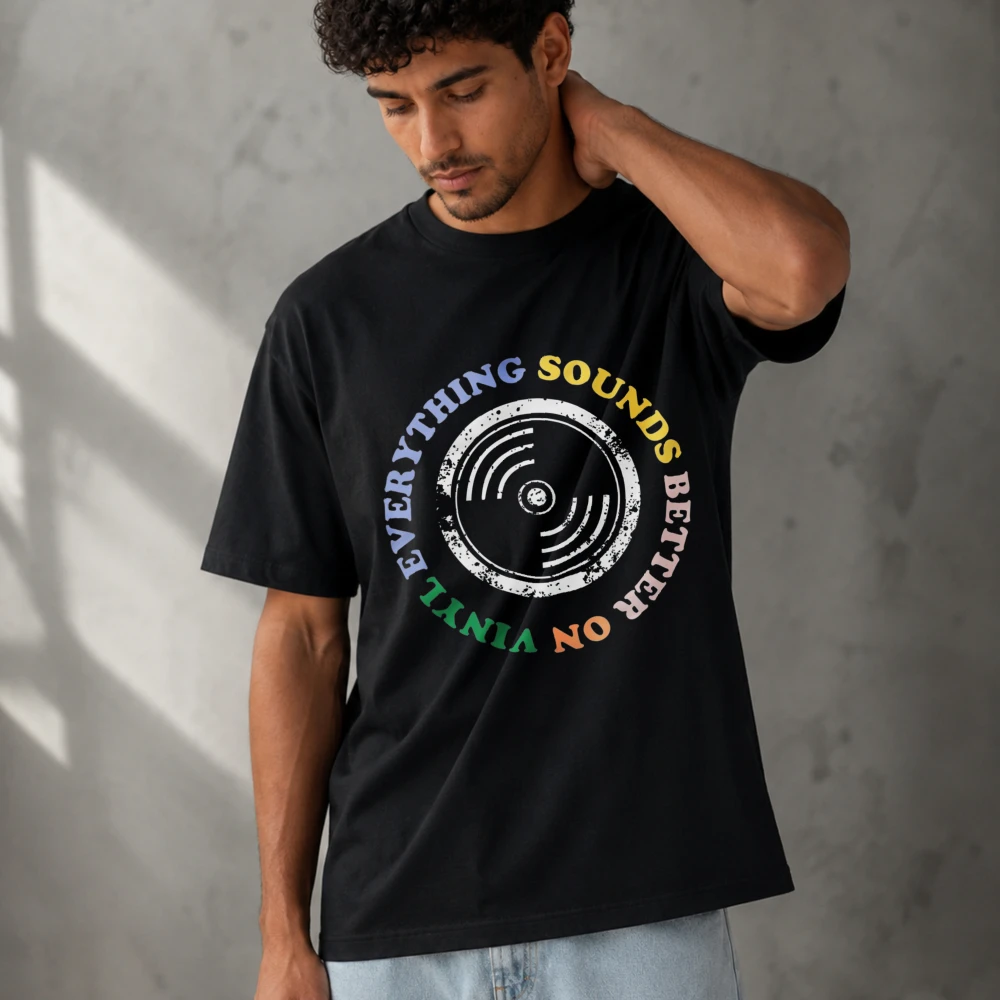 Everything Sounds Better on Vinyl Retro Record Colorful Letter Graphic Modal T‑Shirt Soft Lightweight Music Fan Casual Tops Tee