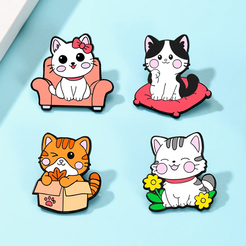 Cartoon Cute Cat Enamel Brooch Lapel Pin Sofa Flower Throw Pillow Footprints Maple Paper Box Metal Badge Jewelry Friends Gift