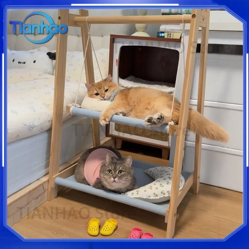 Double-Layer Hanging Cat Cradle Bed for Cats Swing Nest with Upper and Lower Levels Solid Wood All-Season Pet Bed for Cats