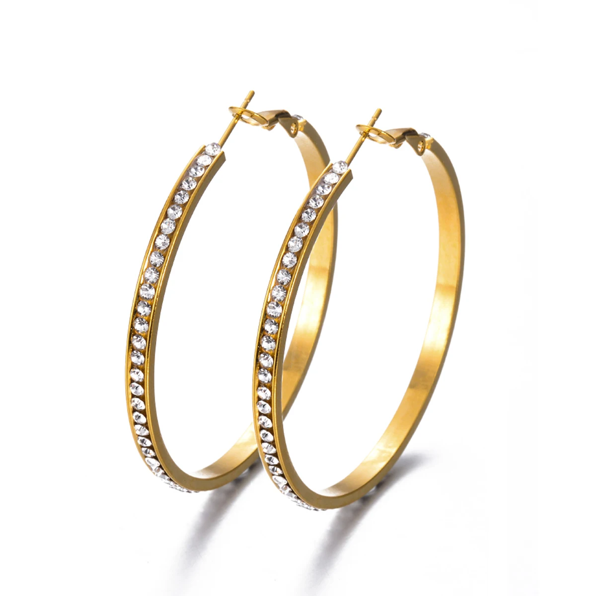 Gold Color Big Sized Circle Hoop Earring Stainless Steel Cubic Zirconia Classic Fashion Women Jewelry