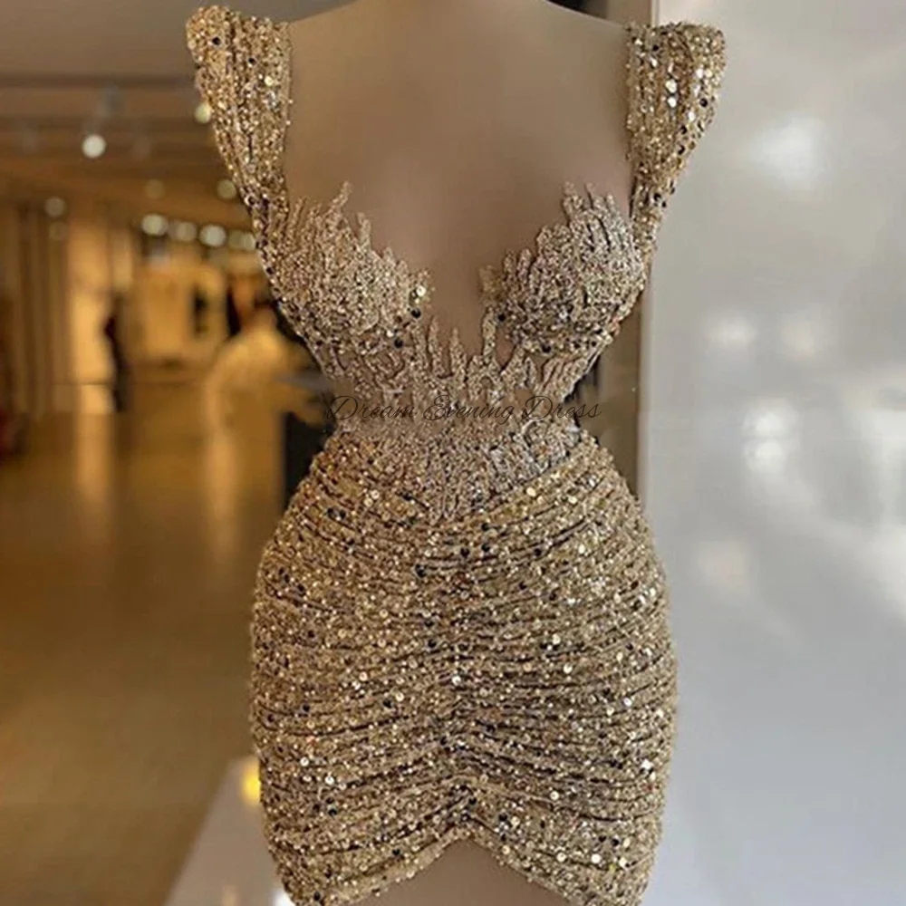 2023 Champagne Plissado Querida Minissaia Lantejoula frisada Cocktail Dress Sereia Vestidos curtos Prom Vestidos de noite para mulheres