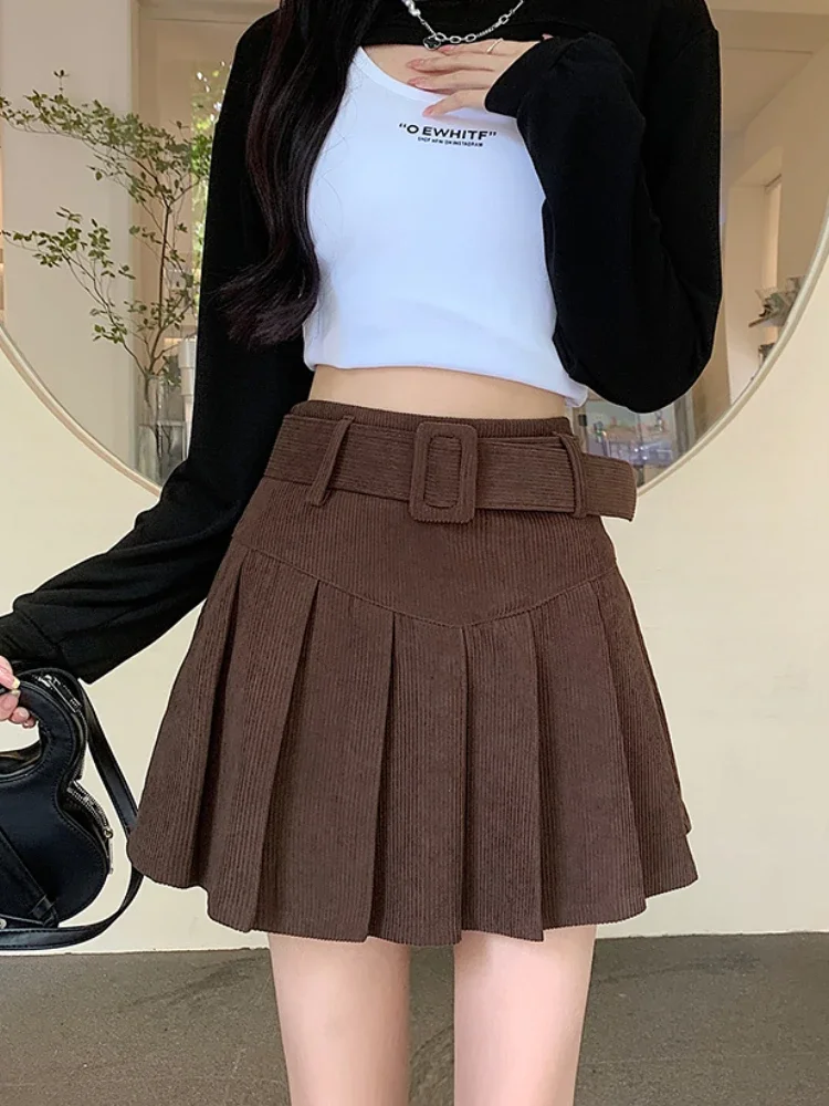 JMPRS Sexy Corduroy Pleated Mini Skirt with Belt Retro High Waist Hot Girl A-line Skirt Women Fall Chic Y2k Black Faldas Mujer