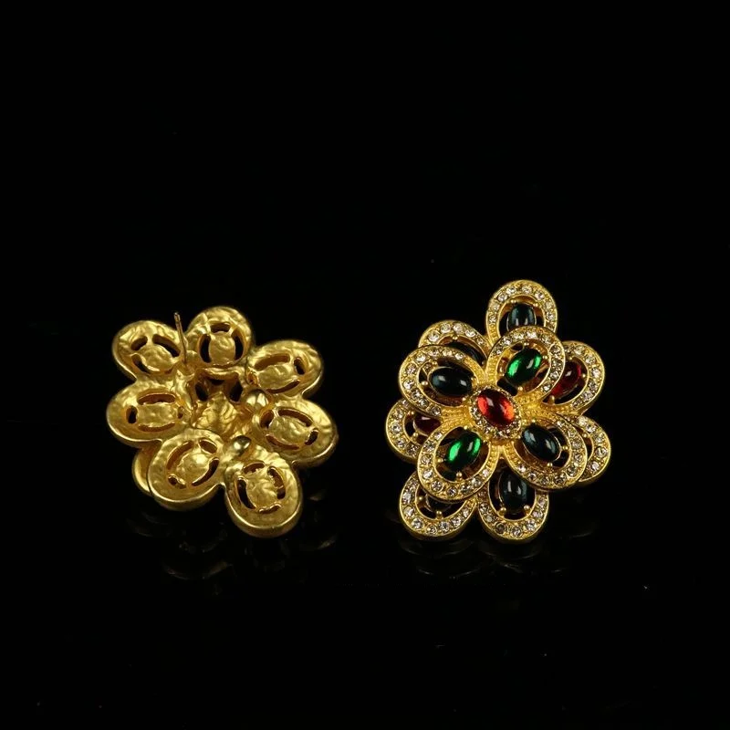Inlaid with double flowers colored glass inlaid earrings with temperament light luxury heavy industry accessories