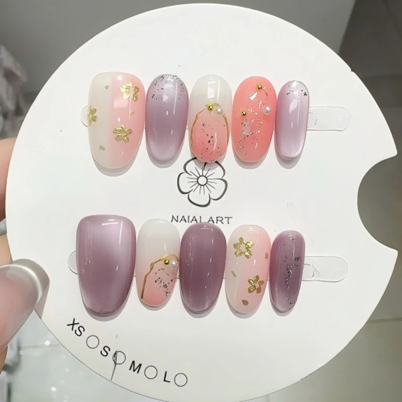 

10PCS Short Oval Purple Cat Eye Wearing Armor Gold Flower Pearl Fake Nail Gold Foil Paper Pink Press on Fake Nail Tip