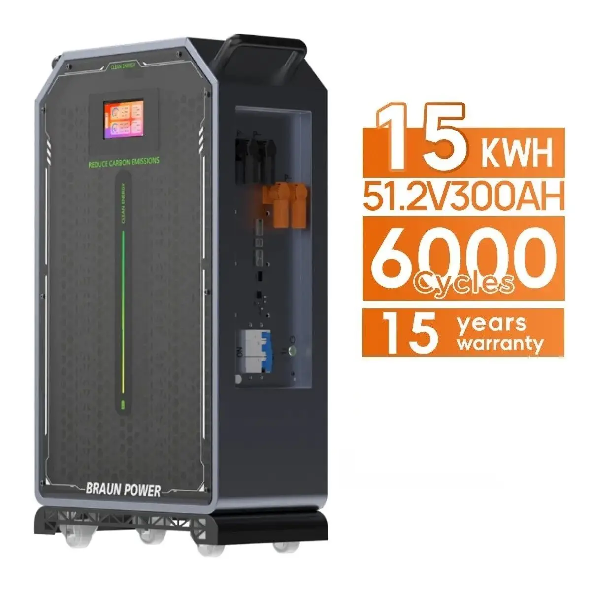 

Solar Energy 15kWh Energy Storage Battery Easy-to-Move 51.2V 300Ah LiFePo4 5"LCD