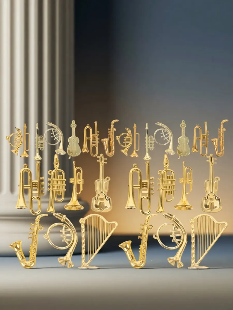 28Pcs Miniature Musical Instruments Decor Tiny Trumpet Violin Flute Piano Bass Ornament Set for Holiday Tree DIY Craft Home