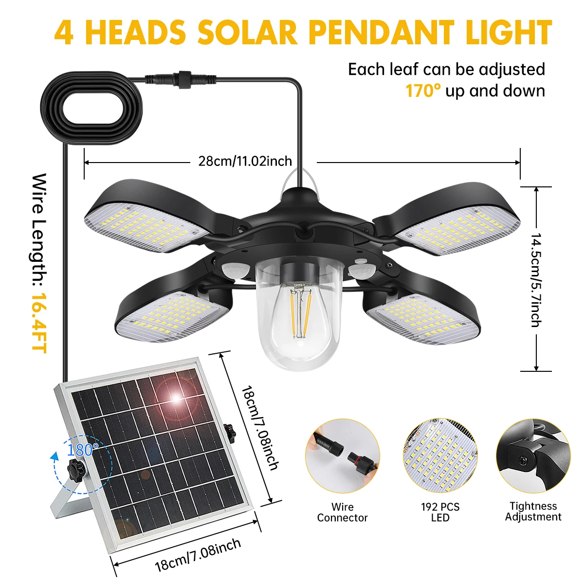 Luce solare per capannone da 192 led ad energia solare per interni ed esterni Lampada a sospensione solare con doppio sensore di movimento da 1000LM per gazebo