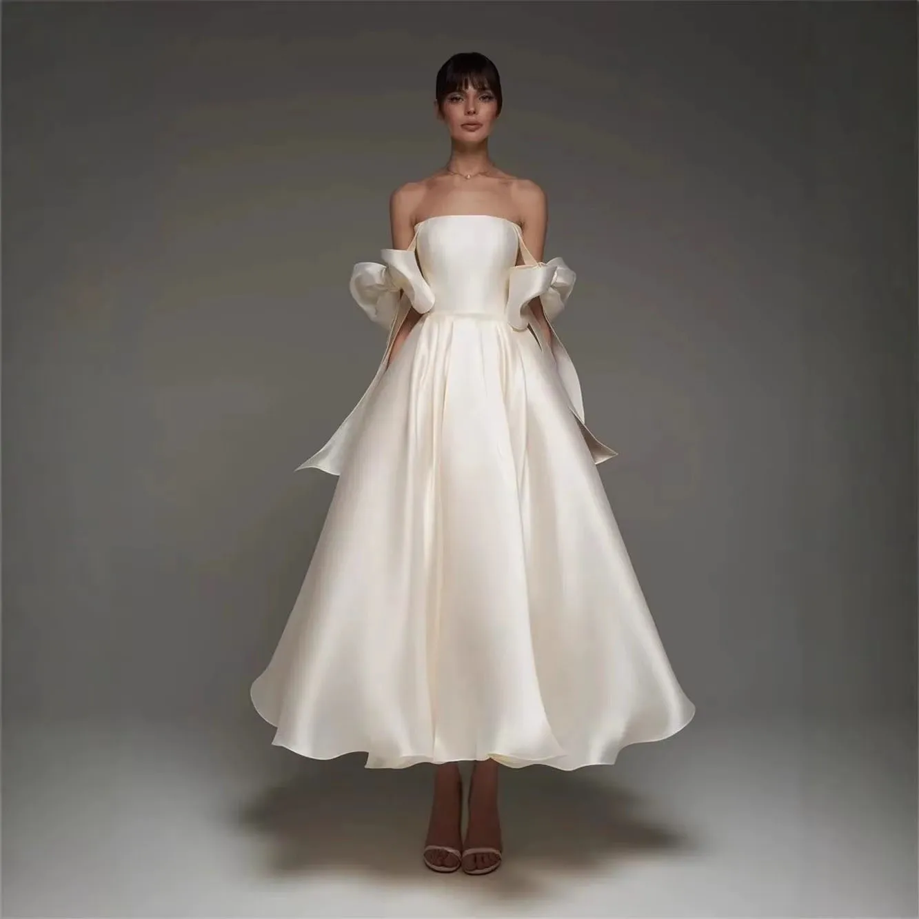 

2026 Elegant Ivory A Line Wedding Dresses gSatin Off Shoulder Tea Length Bride Gowns with Bow Customized Corset back Dress
