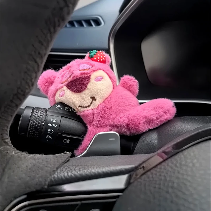 Strawberry Bear Plush Doll Disney Cute Lotso Electric Vehicle Rearview Mirror Toy Car Interior Accessories Wiper Handle Pendant images - 6