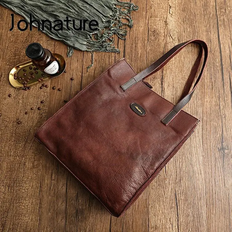 Johnature Casual Tote 2024 New Genuine Leather Women Shopping Bag Outdoor Leisure Solid Color Real Cowhide Shoulder Bags