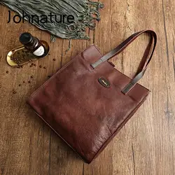 Johnature Casual Tote 2024 nuova borsa per la spesa da donna in vera pelle per il tempo libero all'aperto borse a tracolla in vera pelle di vacchetta tinta unita