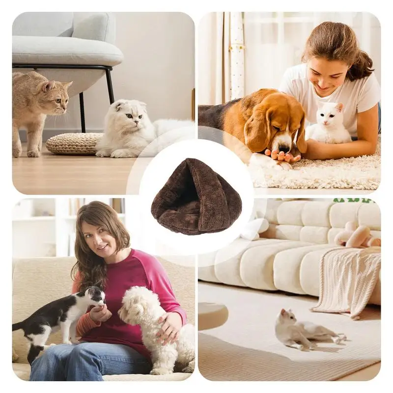 Winter Plush Dog Bed Fluffy Triangular Cat Tent Cave Bed Semi-Open Winter Pet Supplies Creative Non-Slip Bottom For Pets Travel