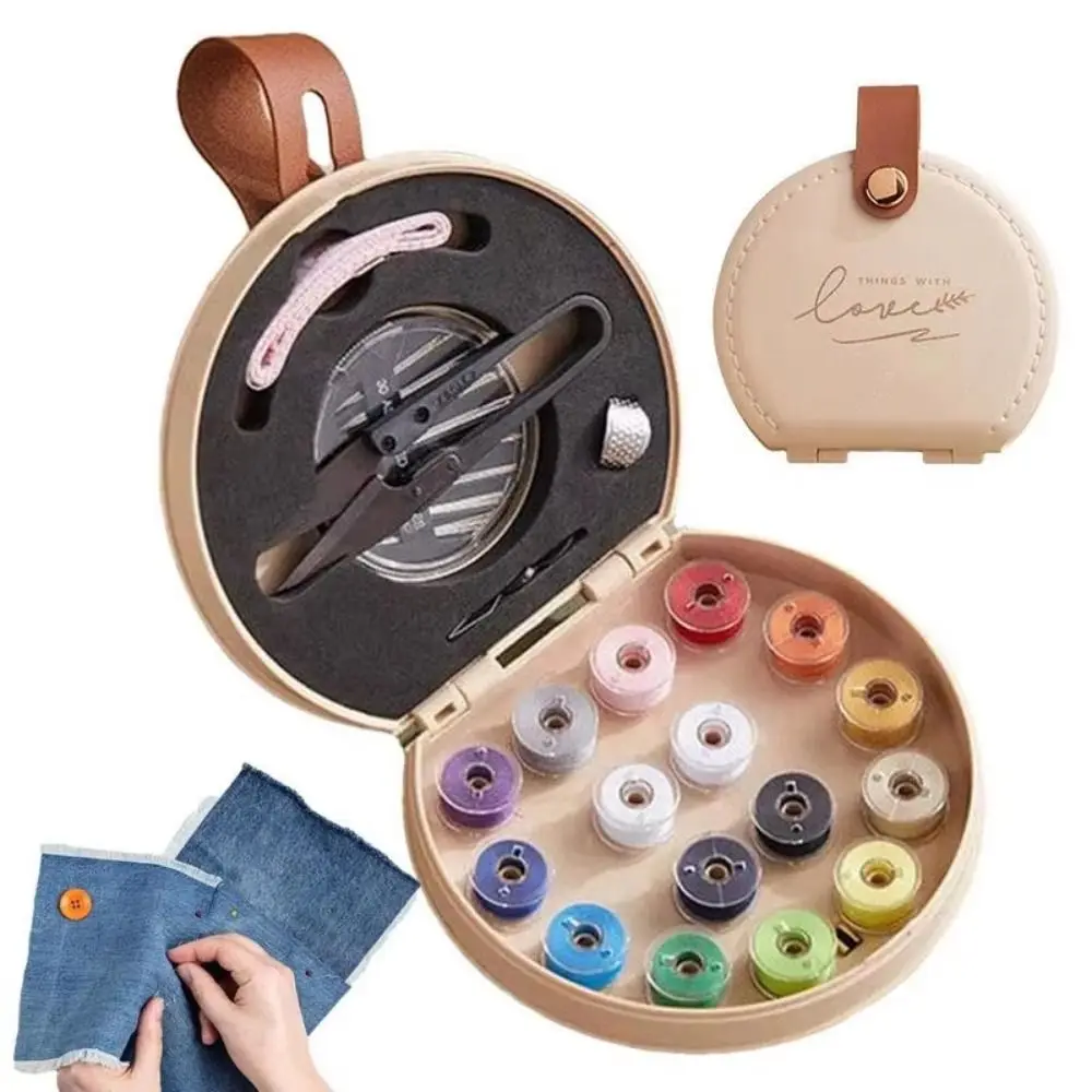 

Portable Mini Sewing Set Space Saving PU Leather Case Needle Threads Box with Handle Handheld Travel Sewing Kit Sewing Supplies