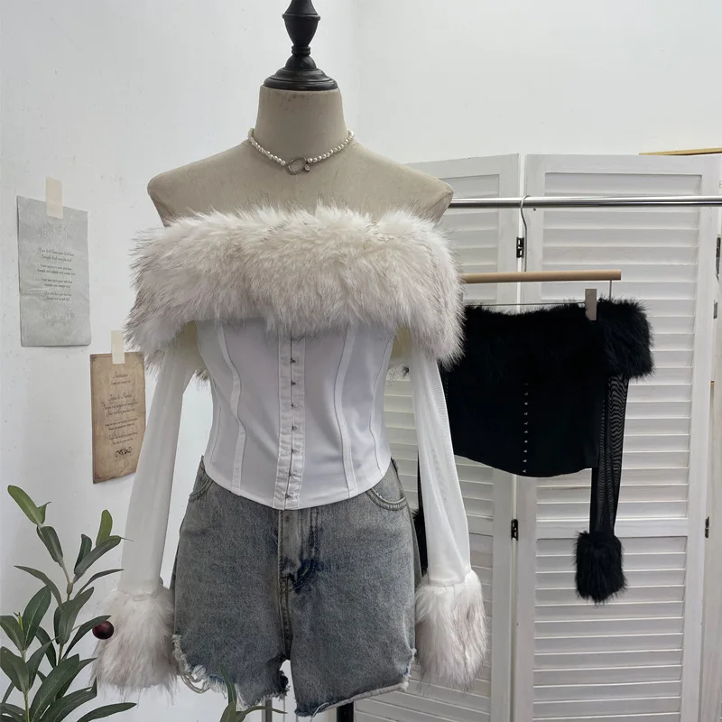 เสื้อยืดแขนยาวผ้าตาข่ายเปิดไหล่สไตล์เซ็กซี่สำหรับผู้หญิง เสื้อครอปสั้นสไตล์ Y2K แนวสาวเปรี้ยว