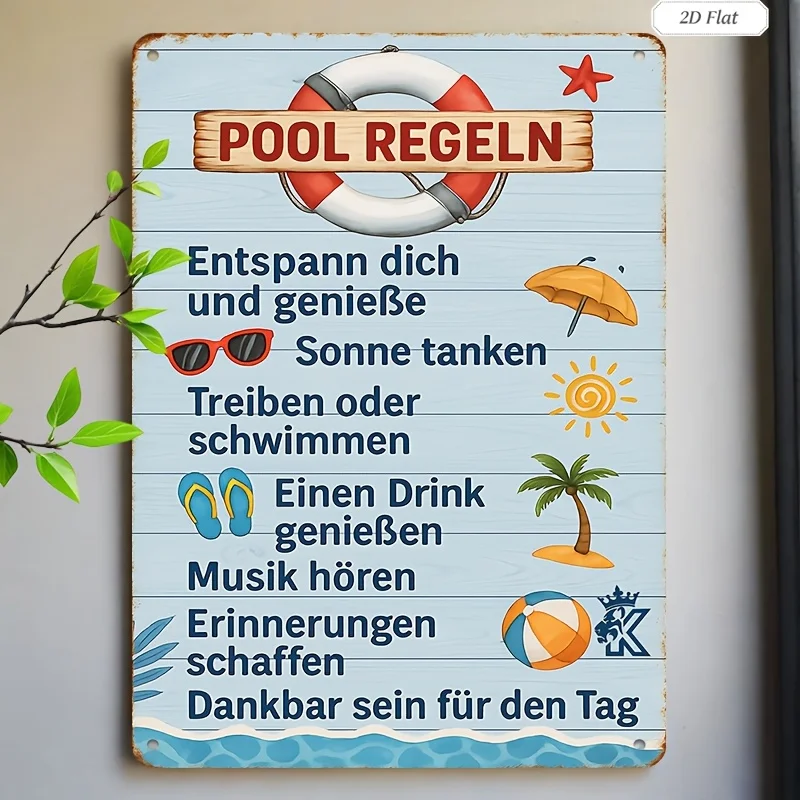 2D Flat - 1pc 2D Flat Sign Artwork, Showcasing a German Sign Titled 'Pool Rules' with Icons Representing Relaxation And Fun, Ide