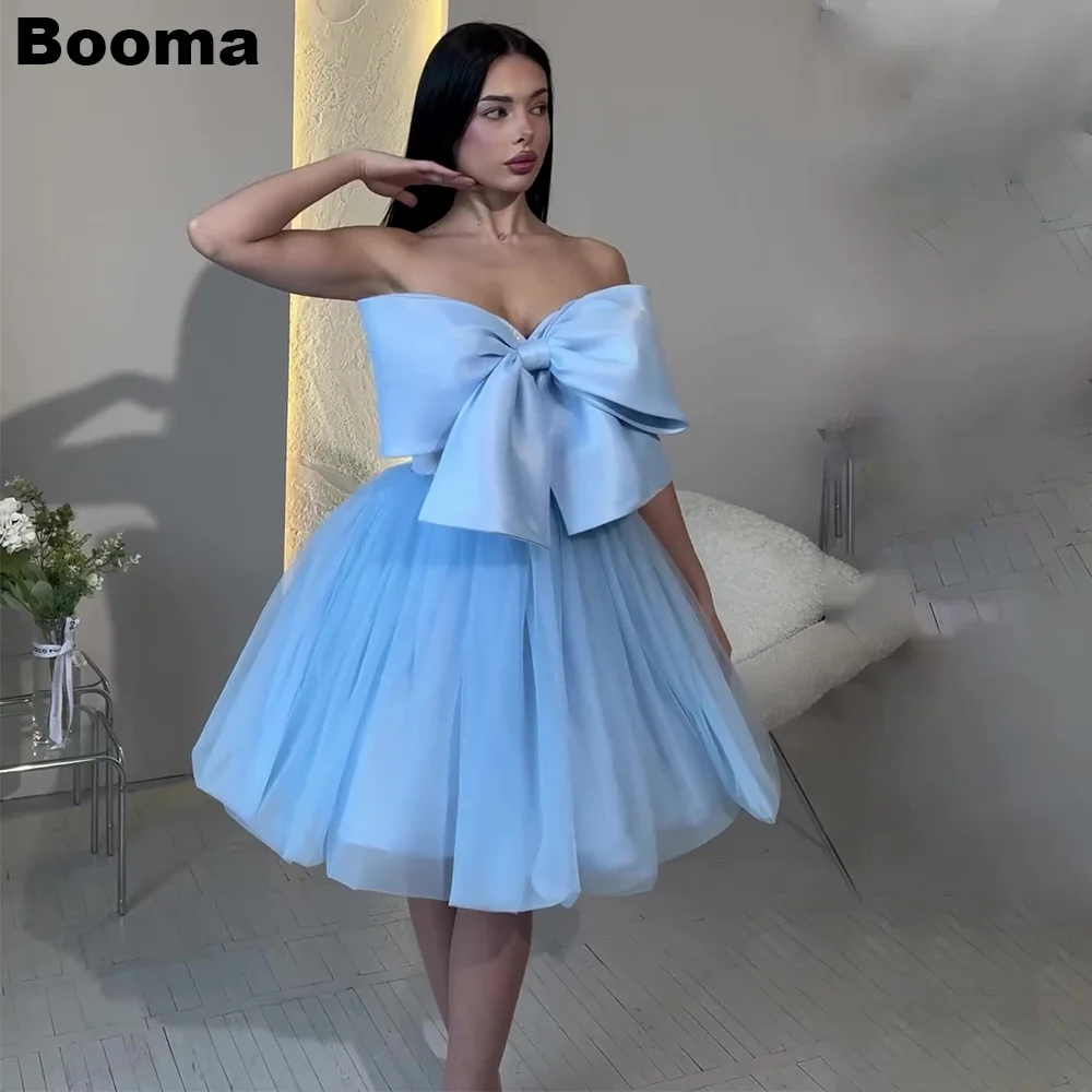 

Booma Sky Blue A-line Prom Dresses with Big Bow Tulle Cocktail Dress for Women Knee Length Lace Up Special Occasion Party Gowns