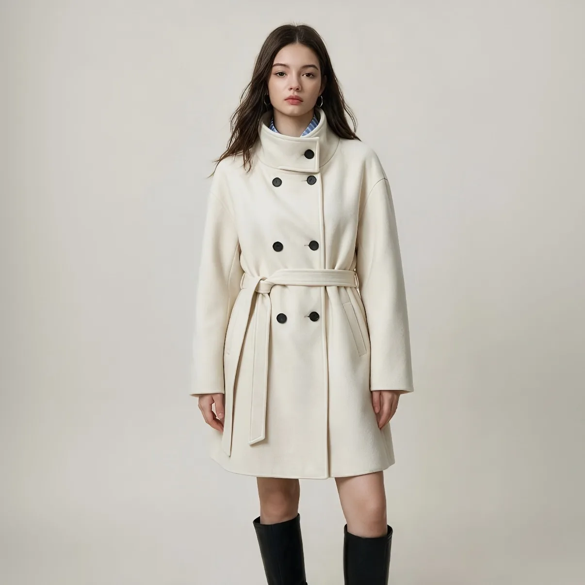 Temperament Wool Jackets New Autumn and Winter Loose Lace-up Stand-up Collar Woolen Coat Women