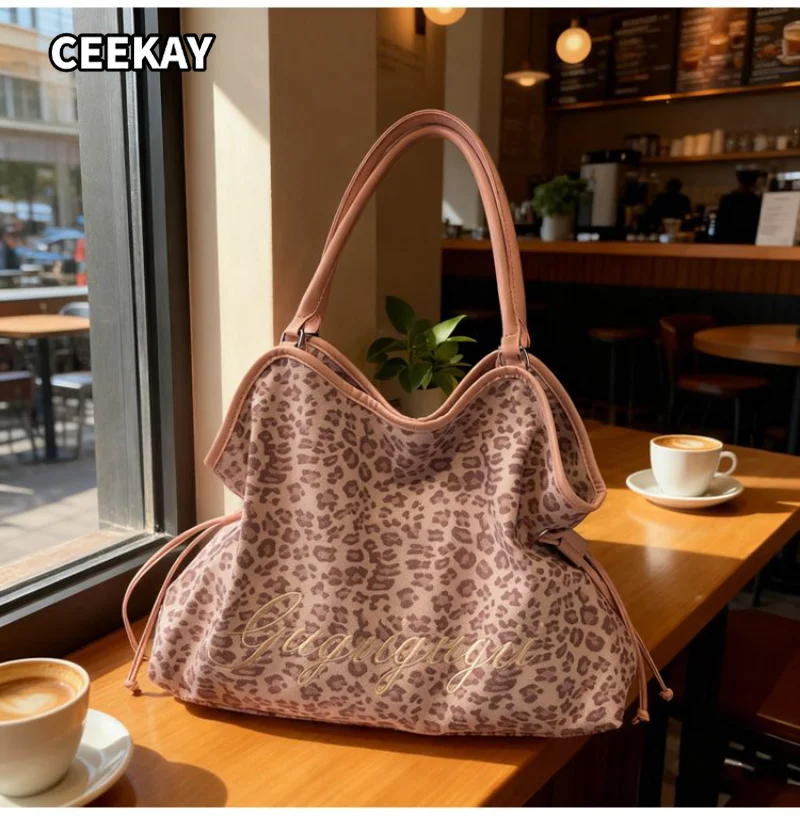 CEEKAY Women's Tote Bag Light Pink Leopard Print Large Shoulder Handbag Letter Embroidery Drawstring Detail Daily Casual Sweet - view 6