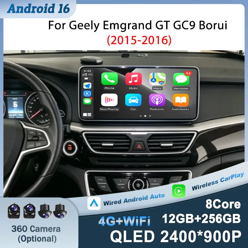 Andriod 16 12.3 inch For Geely Emgrand GT GC9 Borui 2015-2016 split Screen Auto radio Accessories Wireless CarPlay Bluetooth IPS