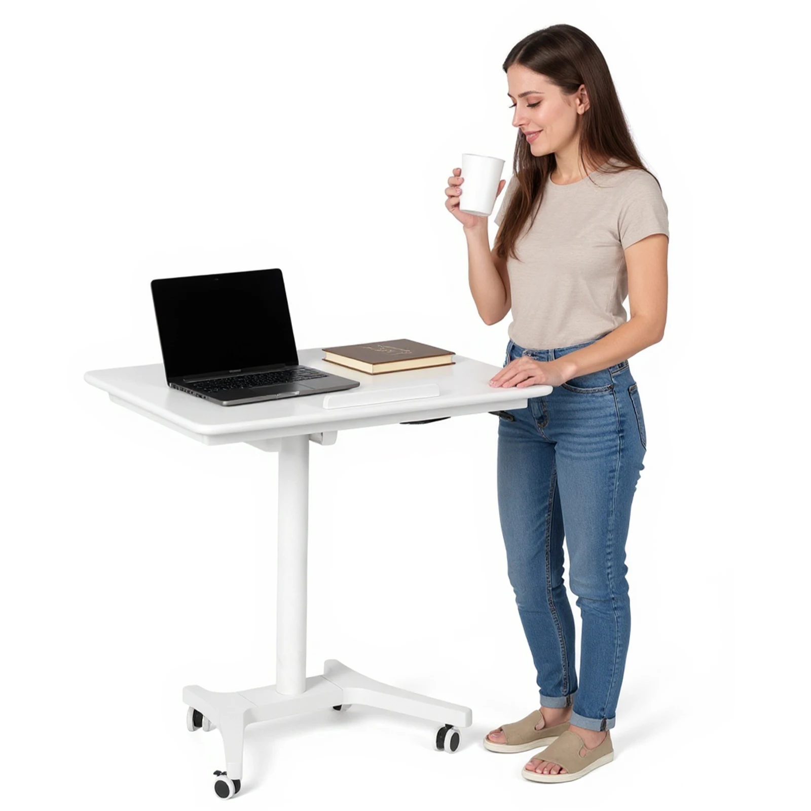 Mesa móvel para sentar, altura ajustável, estação de trabalho, levantamento pneumático, mesa de computador dobrável para casa, escritório, sala de aula