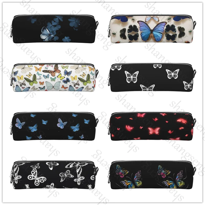 

Colorful butterflies Leather Zipper Pencil Box Multifunctional Stationery Storage Bag Student Study Supplies Gift